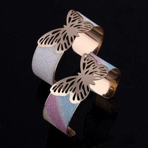 European American Fashion Cutout Butterfly Open Cuff Bracelet Multicolor Silver Glitter Sandpaper Alloy Bangle For Women