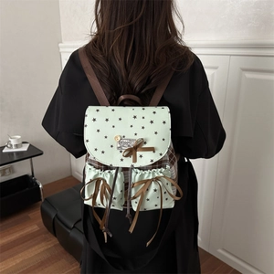 Green star-patterned vintage soft leather tote bag for women showing back-wear style