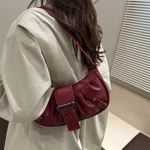 Deep red aesthetic shoulder bag with vintage buckle and pleated faux leather design