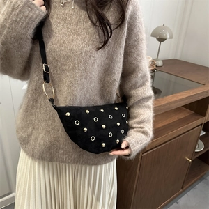 Retro black suede underarm bag with gold studs and adjustable shoulder strap for women