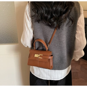 Brown leather mini crossbody bag with gold buckle worn by model in casual style