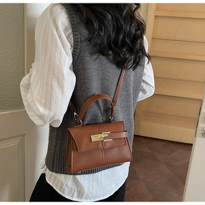 Brown lychee leather mini crossbody bag with gold twist lock and elegant top handle
