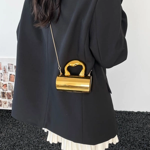 Chic mirror gold cylindrical clutch bag with heart handle and metal chain for women