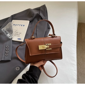 Detail of brown litchi pattern leather mini bag with golden metal buckle and top handle
