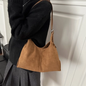 Brown faux suede hobo shoulder bag with minimalist design for casual work wear