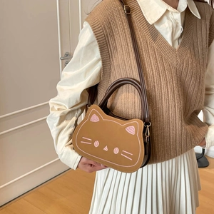 Mini sac à main chat marron avec broderie rose et bandoulière réglable pour femme