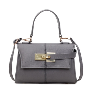 Mini Kelly-style trapezoid handbag in grey lychee leather with golden metal lock closure