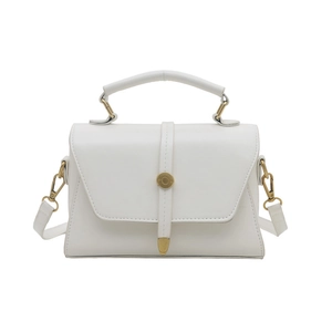 Minimalist white leather crossbody square bag with vintage gold buckle and top handle strap
