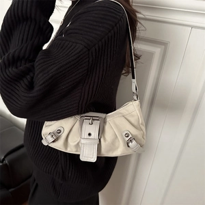 Minimalist beige retro shoulder bag with metallic buckle and soft pleated texture