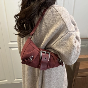 Retro burgundy matte crescent hobo bag with vintage metal buckles for biker style