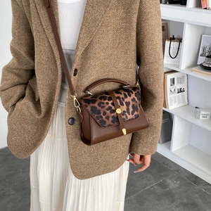 Brown leather square handbag with leopard print flap and gold clasp worn by a model