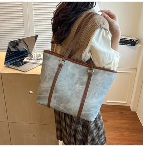 French style tote bag with grey marble texture, brown leather trim and large capacity