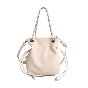 Minimalist cream white drawstring bucket bag with silver chain and leather strap