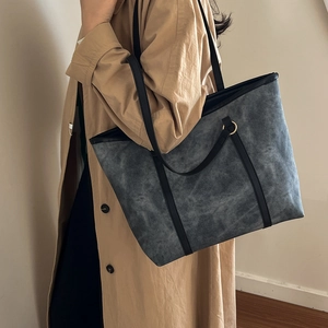 French style grey suede tote bag with large capacity and contrasting black straps