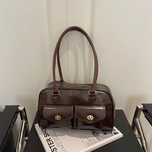Damen Retro PU-Leder Boston Umhängetasche Straßentrend Urban Commute Unterarm Handtasche Mit Goldener Metallschnalle Drehverschluss