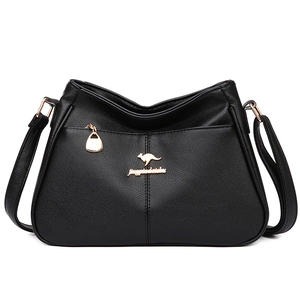 Minimalist black leather bucket bag for women with golden kangaroo logo and pebble texture