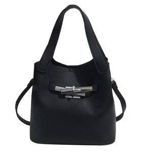 Fashionable black textured bucket bag with silver metal cross lock for women
