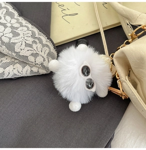 Detail of white fluffy keychain with mini sunglasses and gold chain on handbag