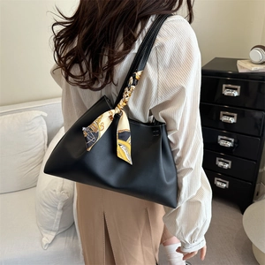 Large capacity vintage black tote bag with decorative patterned silk scarf for women