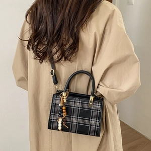 Classic black plaid small square handbag with beaded charm and gold hardware for women