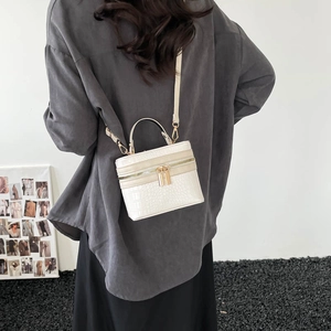 Chic beige crocodile pattern mini box handbag with gold hardware and shoulder strap