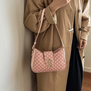 Pink underarm shoulder bag with M letter print and golden logo for modern women
