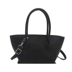 Minimalist black lychee pattern bucket bag with top handles and adjustable strap