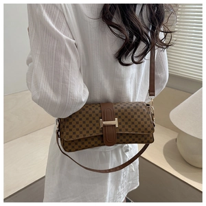 Borsa baguette vintage marrone con motivo geometrico e chiusura ad H dorata sulla spalla