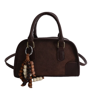 Dark brown suede Boston handbag with vintage wooden beads and adjustable shoulder strap