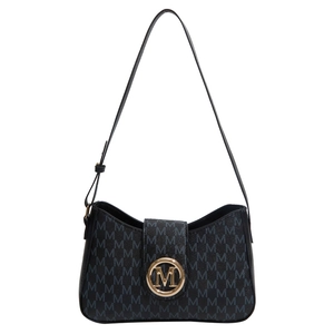 Classic black crescent shoulder bag with M pattern print and golden logo buckle