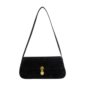 Elegant black suede underarm bag with subtle leopard pattern and gold U-shaped buckle