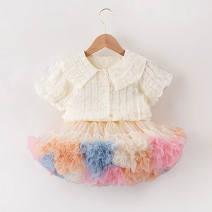 Detail of white Peter Pan collar shirt and multi-colored layered mesh tutu skirt set