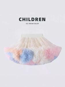 Detailed view of layered pastel mesh tutu skirt with ice cream color blocks for girls