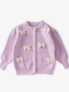 Lavender knit cardigan for girls with pearl buttons and 3D lace bow appliques