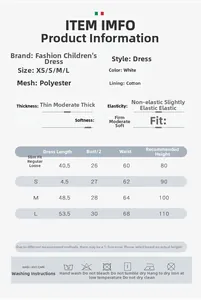 Detailed size chart and material specs for the girls white sleeveless summer dress