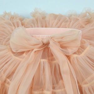 Detail of multi-layer mesh tutu skirt with large bow and elastic waistband for girls