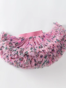 Girls pink floral tutu skirt with layered tulle mesh and elastic waistband for toddlers