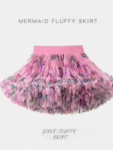 Bright pink mermaid themed fluffy tutu skirt for girls with colorful prints and layered tulle