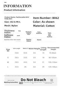 Detailed size chart for girls tutu skirt with nylon mesh fabric and cotton lining