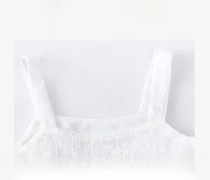 Close-up of white lace summer dress showing intricate floral embroidery and hem details