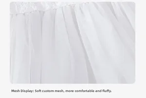 Detailed macro view of soft layered white mesh and delicate lace trim on a girl's dress
