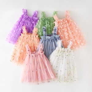 Detail of colorful children's tulle dresses with 3D butterfly appliques and embroidery