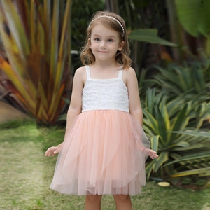 Detail of white lace bodice and pink layered mesh tulle skirt on a girl's summer dress