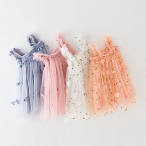 Detail of girls' sleeveless tulle dresses in soft colors with 3D butterfly embroidery