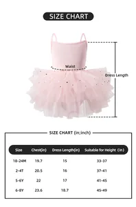 Tableau des tailles pour justaucorps de ballet rose avec mesures en pouces pour filles