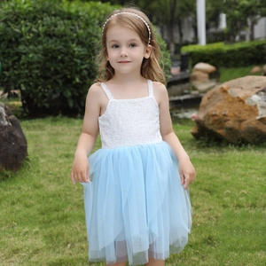 Detail of white lace bodice and light blue layered mesh tulle on a girl's summer dress