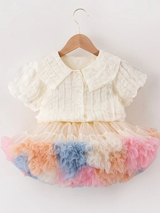 Toddler Girls Rainbow Tutu Skirt White Peter Pan Collar Shirt Mesh Ruffled Two Piece Summer Outfit Clothes