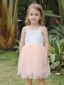 Girls Korean style summer dress with white lace bodice and tiered pink tulle skirt