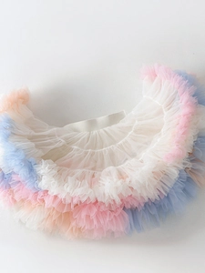 Colorful macaron layered mesh tutu skirt for girls with elastic waist flat lay view