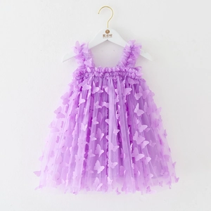 Detail of purple mesh tutu dress featuring 3D butterfly embroidery for girls